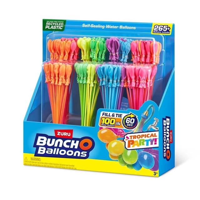 Juguetes al aire libre Bunch O Ballons Fiesta Tropical con más de 265 globos autosellantes de agua en colores surtidos, organizados en tallos para llenado y atado rápido en menos de 60 segundos, ideales para juegos acuáticos, fiestas en la alberca o reuniones al aire libre.