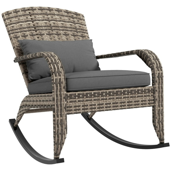 imerelez Outdoor Wicker Adirondack Rocking Chair, Patio Rattan Rocker Chair with High Back, Seat Cushion, and Pillow for Garden, Porch, Balcony, Gray