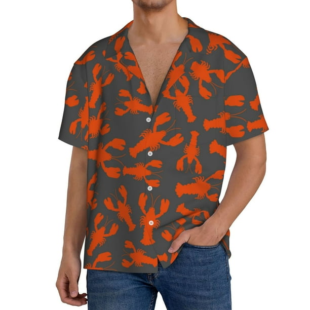 Fotbe Crayfish Camisa Estampada de Manga Corta para Hombre, Casual de Verano, Estilo Playero, Sin Arrugas-Large