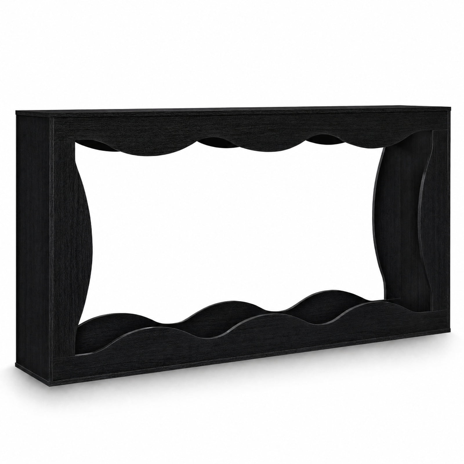Furnibear 63 Inch Long Narrow Console Table 2 Tier Entryway Table with Wavy Edge Storage Shelf for Hallway Living Room, Black