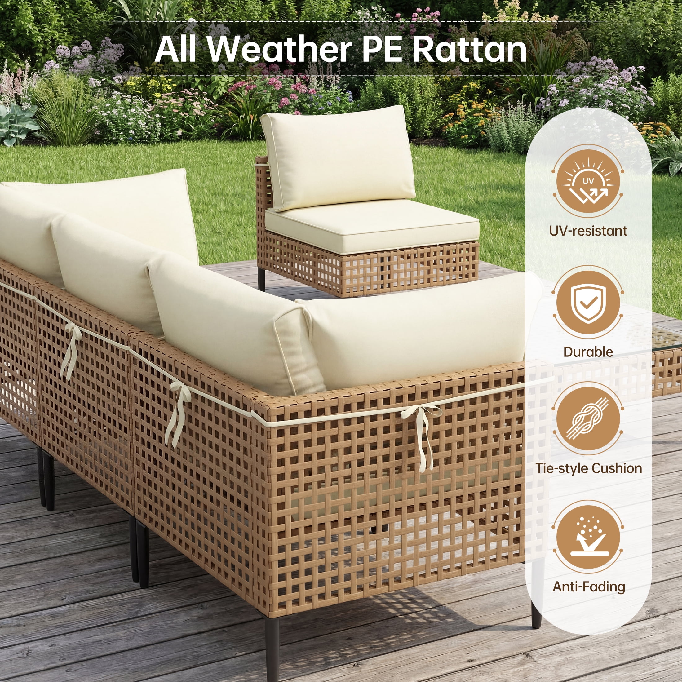 UDPATIO 7 Piece Wicker Patio Furniture Set, Outdoor Conversation Set， Sectional Sofa with Glass Coffee Table， Outdoor Sofa for Porch, Backyard, Yellow&Beige