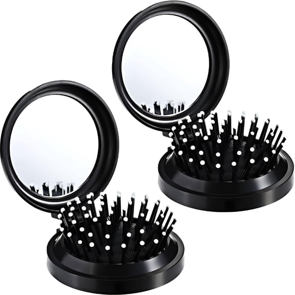 ACDANC 2 Pack Folding Travel Mirror Hair Brushes Round Folding Pocket Hair Brush Mini Hair Comb Compact Travel Size Hair Massage Comb for Women and Girls (Black)