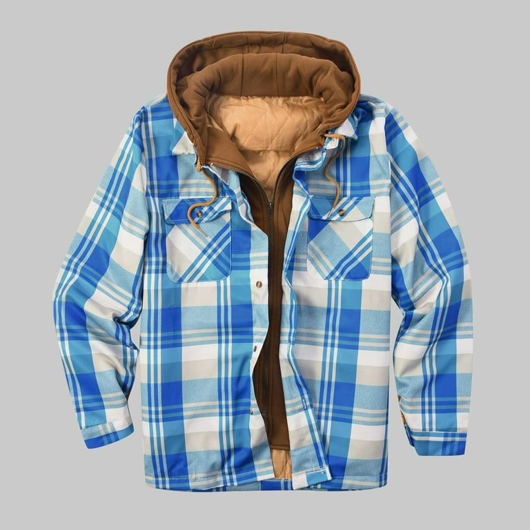 YYDGH Men's Flannel Plaid Shirt Jacket Winter Warm Long Sleeve Quilted  Lined Plaid Drawstring Coats Soft Button Down Thick Shirts with Hood Light  Blue XL 