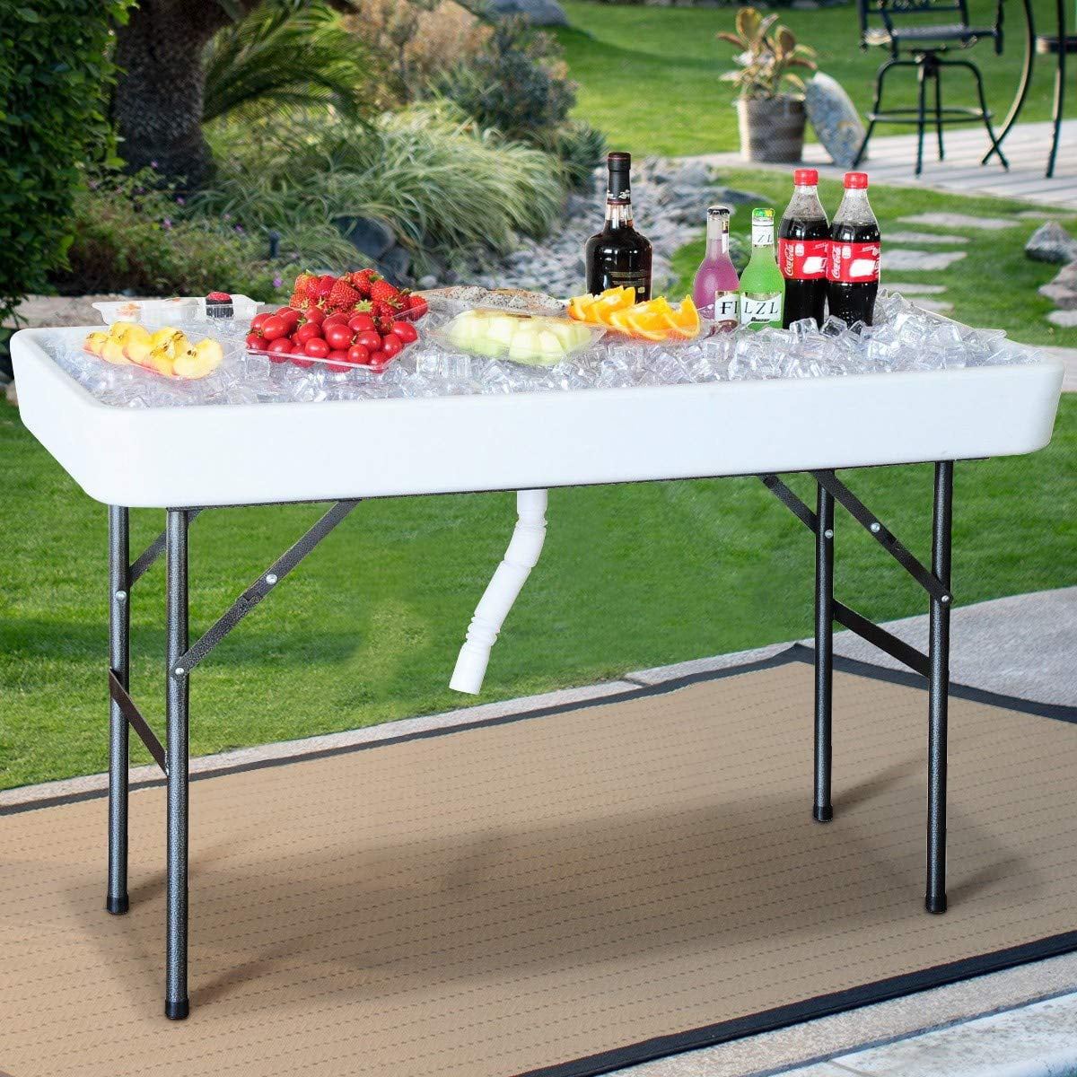 COSTWAY 4FT 1.2M Camping Cooler Table Folding Cool Bar Ice Table with Skirt Cover and Water Pipe for BBQ Picnic Party Outdoor Garden Furniture