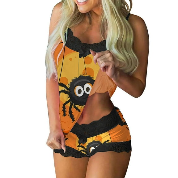 Tnhcen Women's Pajamas 2-Piece Halloween Print Lace Splicing Sling Shorts Trendy Home Clothes S-2XL