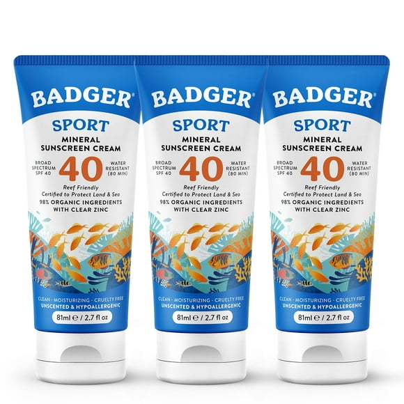 Protector solar Badger Reef Safe, sin perfume, SPF 40 Sport, 80 ml, paquete de 3