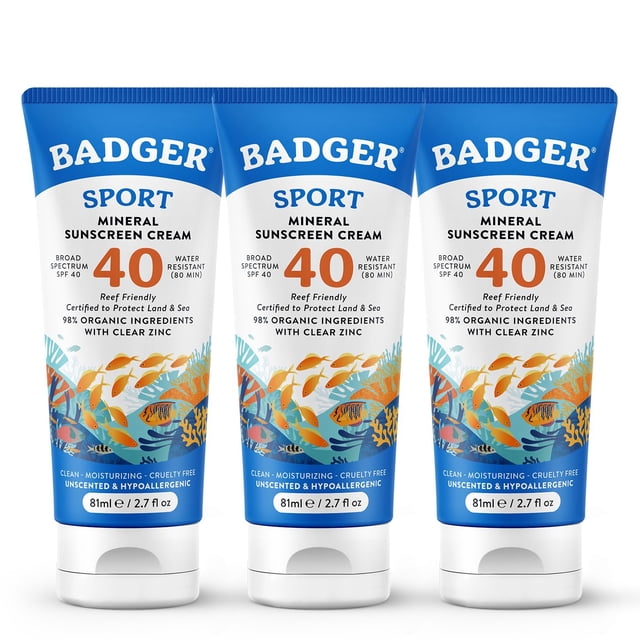 Protector solar Badger Reef Safe, sin perfume, SPF 40 Sport, 80 ml, paquete de 3