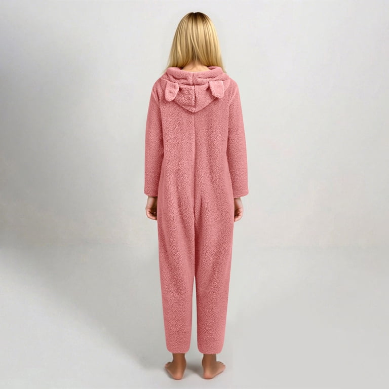 BHMAWSRT Women's Sherpa Fleece Pajama Jumpsuit - Hooded One-Piece With Ears, Pink, Size S