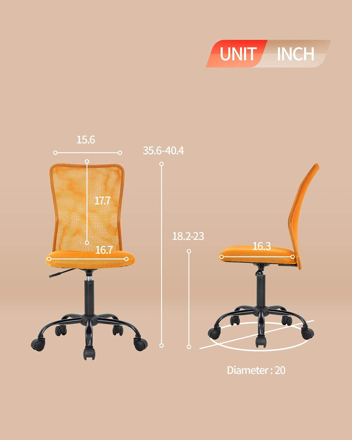 Armless Office Chair Ergonomic Desk Chair Computer Chair Mesh Home Desk Chair with Adjustable Lumbar, Rolling Swivel Office Chair Mid-Back Task Chair for Adults (Orange)