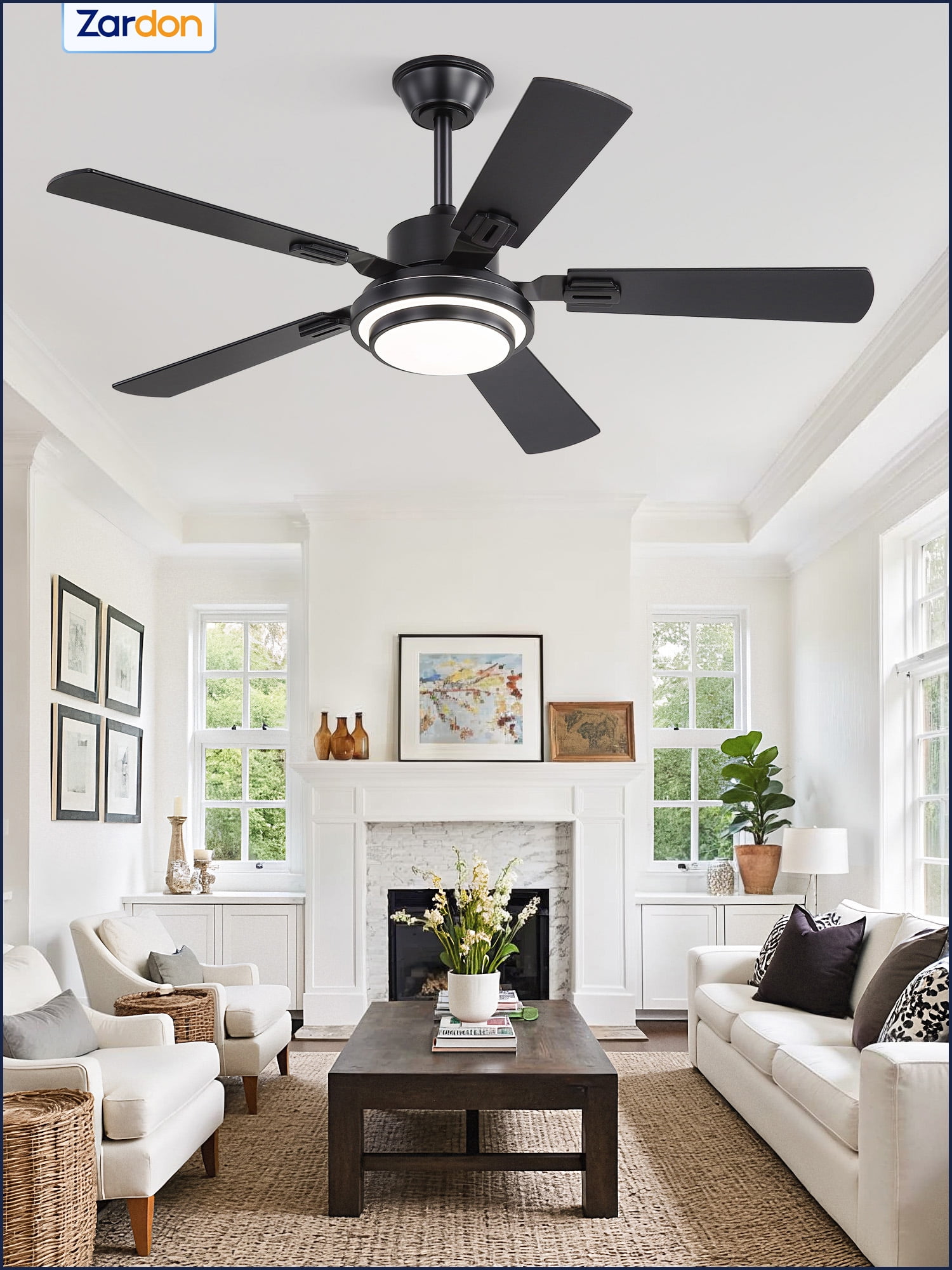 Zardon 48in Ceiling Fans with Light and Remote Control, Modern Low Profile Ceiling Fans with Reversible 6 Speeds for Intdoor, Outdoor, Black