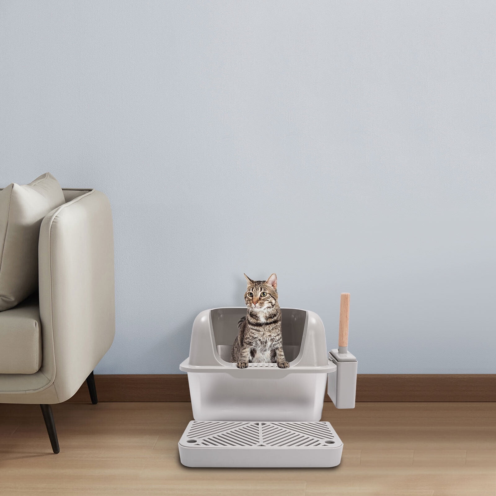 20L Stainless Steel Cat Litter Box Large Litter Box with Guardrial Scoop