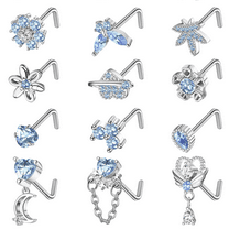 12PCS 20G Nose Rings Stainless Steel, L Shaped Nose Studs for Women Men, CZ Heart Butterfly Flower Moon Dangle Cute Nose Piercings Studs Screw Jewelry
