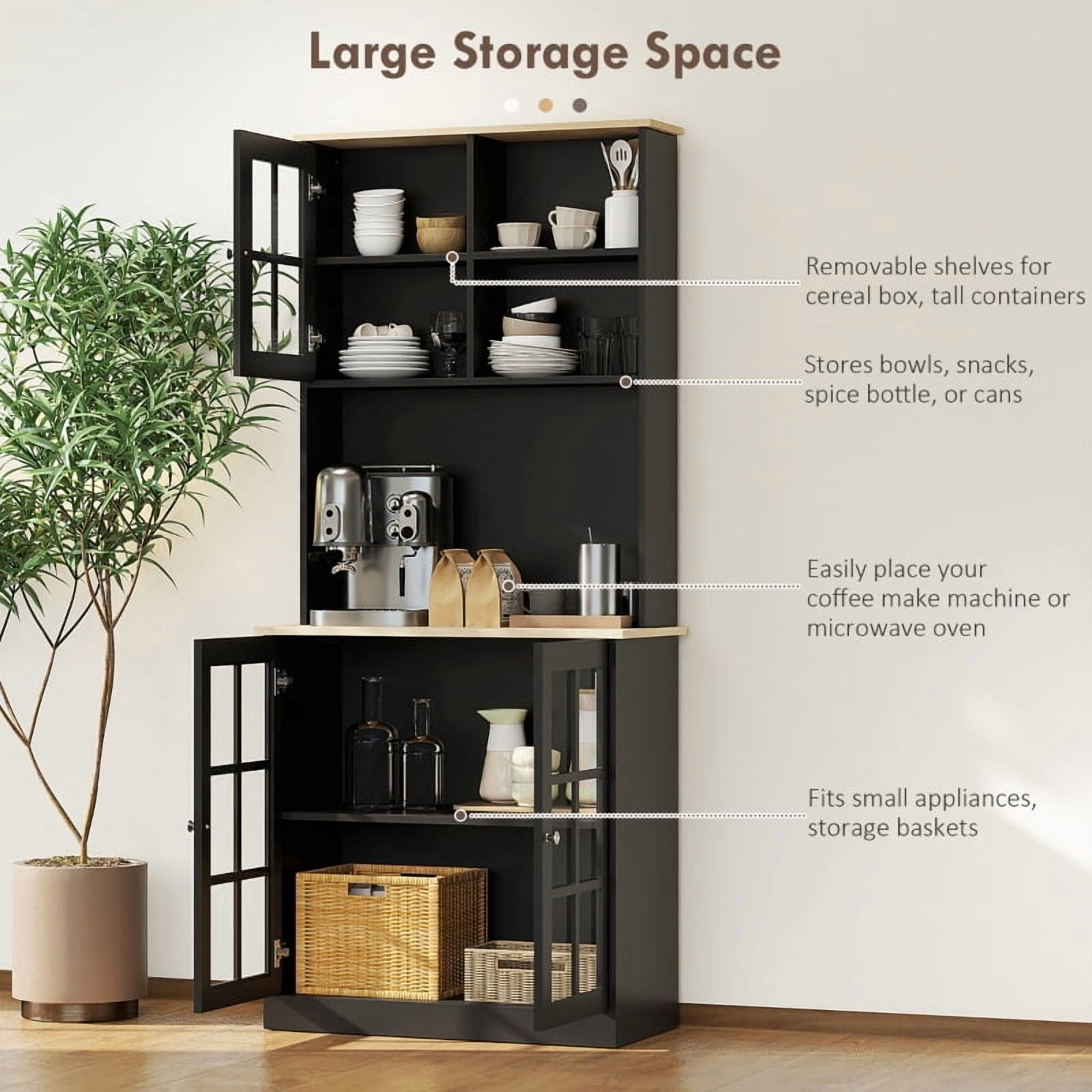 Alvantor Kitchen Pantry Storage Cabinet with Glass Doors, Hutch Countertop & Adjustable Shelves 31.5"x 14.5"x 72" Black