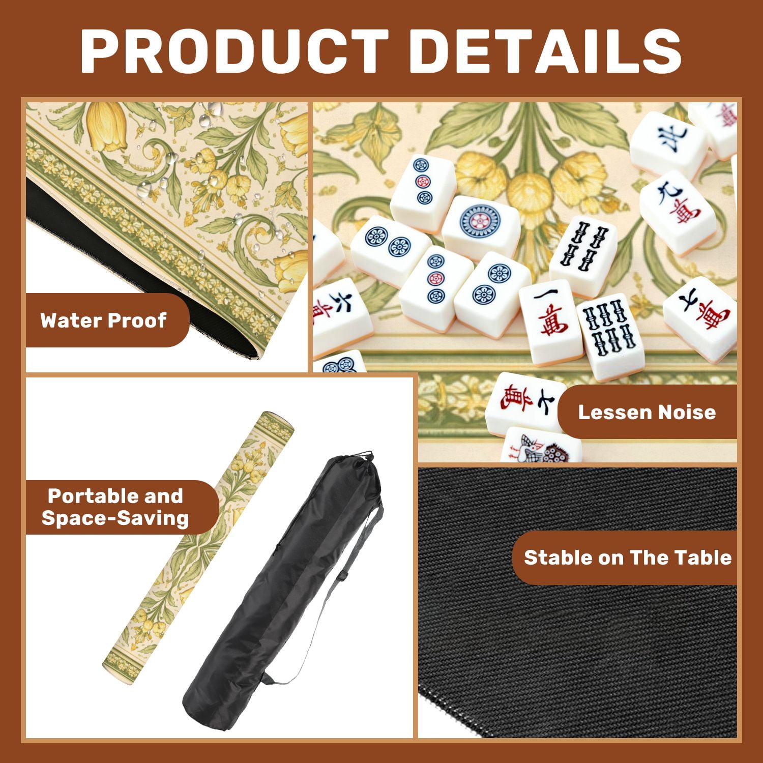 Mahjong Mat 31.5" x 31.5" Floral Mandala Yellow Tulips White Daisies Green Non-Slip Noise Reduction Mahjong Tiles Table Cover for Dominoes Poker Card Board and Tile Games