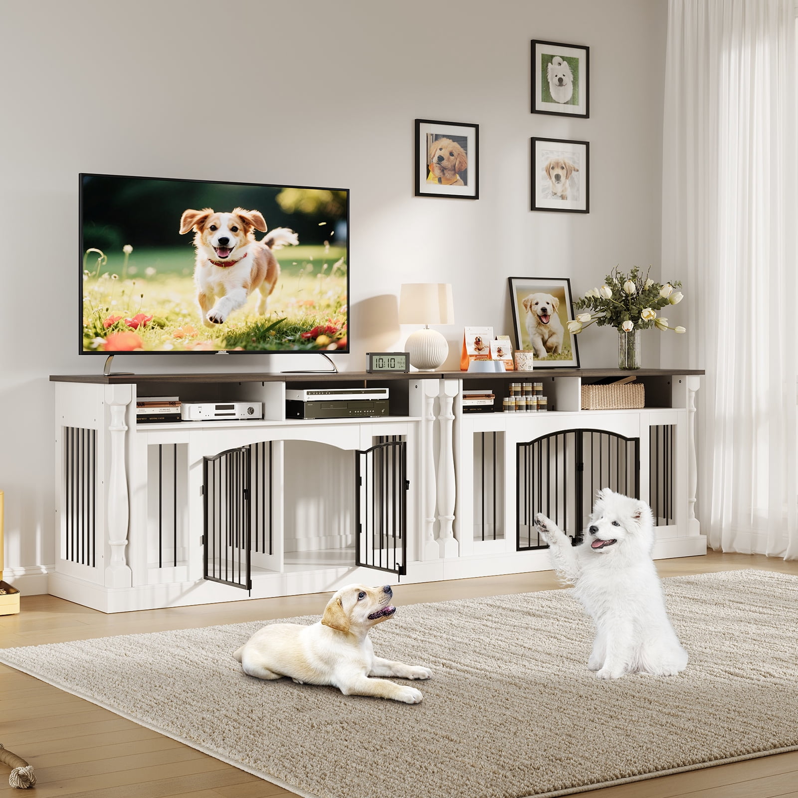 Heavy Duty Double Dog Crate Furniture for 2 Small & Medium Dogs - 63" Roman Column Wooden Kennel with Semi-Open Storage, TV Stand Table, Double Sliding Barn Doors - Natural Wood Finish