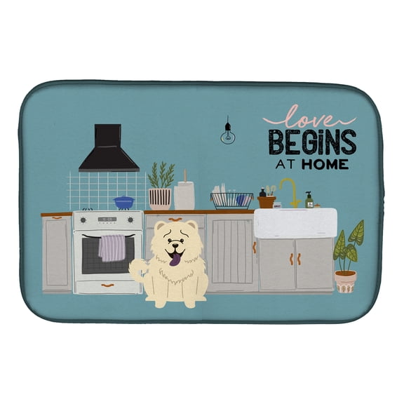 White Chow Chow Kitchen Scene Dish Drying Mat