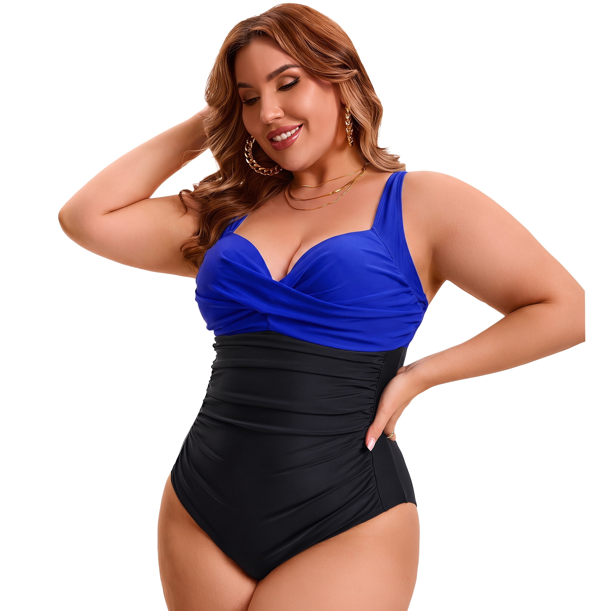 DARING DIVA Women's Plus 1 Piece Crisscross V-neck Swimsuit L Black Blue