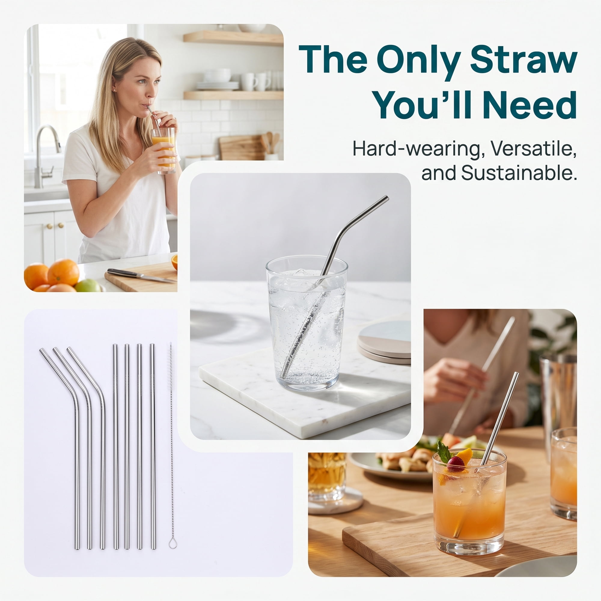 Unique Bargains 8Pcs Reusable Stainless Steel Straws with Brush Straight Pipe 0.3" x 11.8"