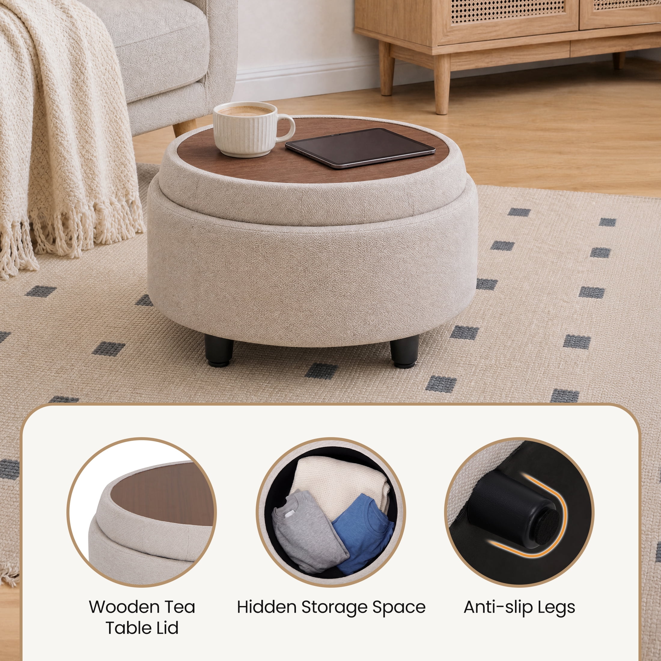 Beige Round Ottoman with Storage and Reversible Tray, Upholstered Fabric Footrest Coffee Table for Living Room, Bedroom, Entryway-25 Inch