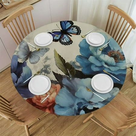 

WYYP Round Fitted Tablecloth Flower Butterfly Dragonfly Vintage Blue Floral Spring Summer Waterproof Table Cloth Table Cover with Elastic Edged for Outdoor Picnic Parties Fits Tables up 38-42