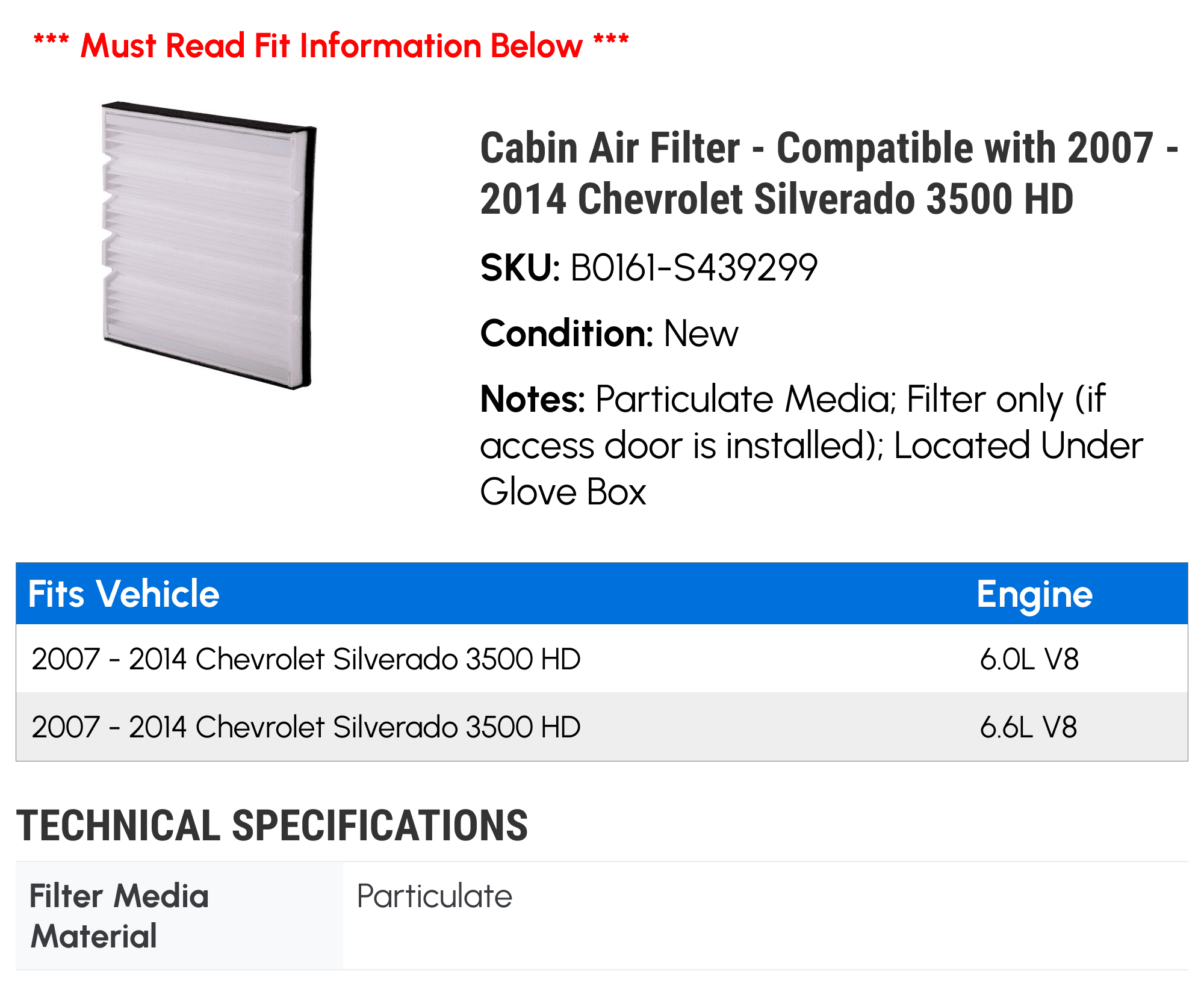 Cabin Air Filter - Compatible with 2007 - 2014 Chevy Silverado 3500 HD 2008 2009 2010 2011 2012 2013