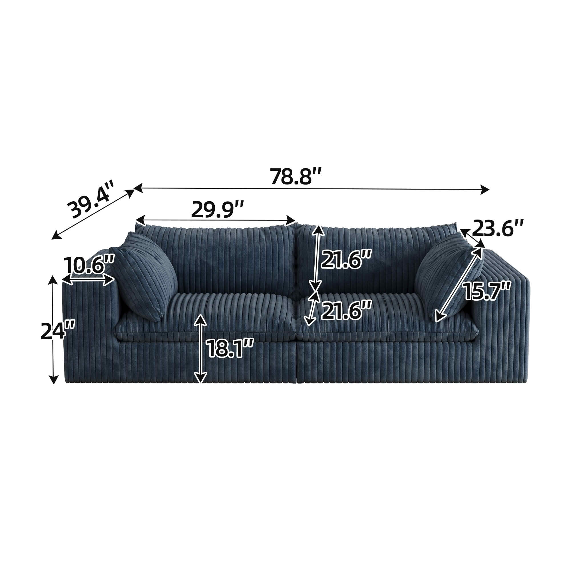 MAYEERTY 78.8" 2-Seat Corduroy Sofa, Feather-Filled Cushion Modular Design, Full Sponge Support No Wooden Frame, No Assembly, Blue