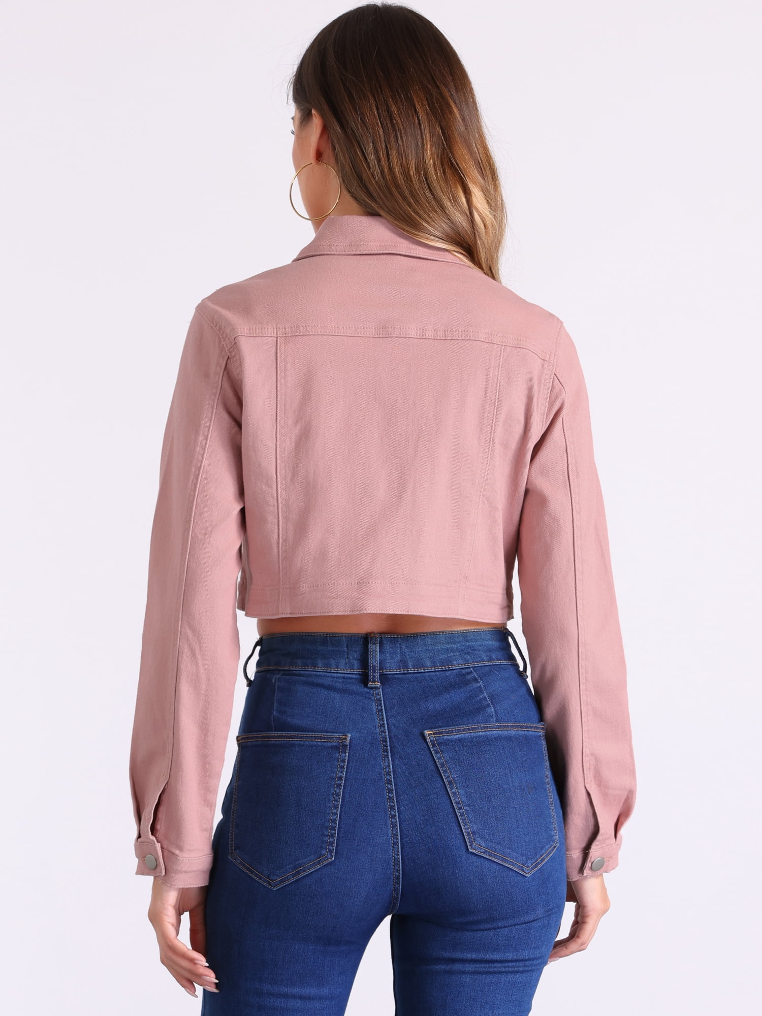 DARING DIVA Women's Denim Jacket Collared Long Sleeve Crop Jean Jackets M Pink