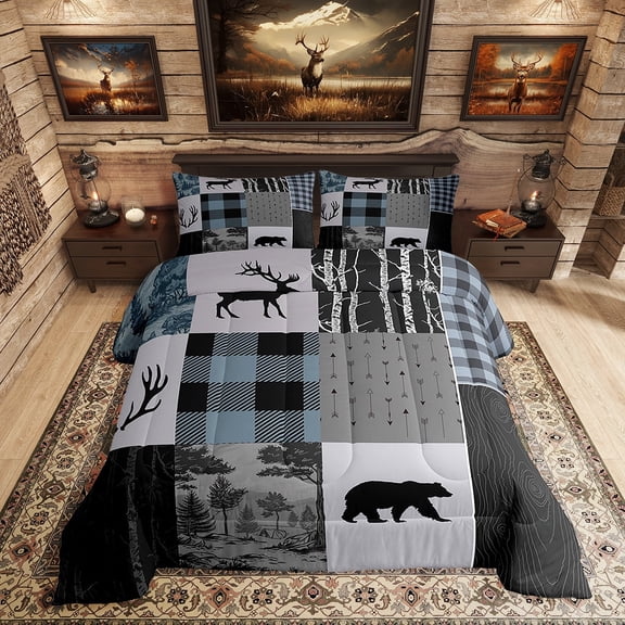 Erosebridal Hunting Bear Bedding Twin Comforter Set, Farmhouse Wildlife Down Comforter, Patchwork Plaid Decor, 2pcs