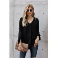 thumbnail image 1 of Chemise Noire à Col en V Manches 3/4 Ourlet Haut-Bas pour Femmes, 1 of 23