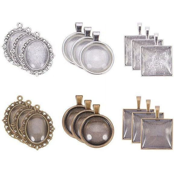 60pcs Pendant Trays 30pcs Photo Charms Pendants Bezel Blanks with 30pcs Glass Cabochon Dome Round Oval Square Tiles for Bouquet Wedding Graduation Jewelry Making Silver Bronze