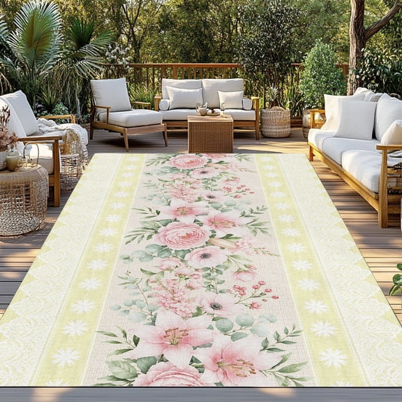 Outdoor Rug, Pink Flowers Foliage Eucalyptus Leaves Indoor Area Rug Outdoor Carpet RV Camping Rugs 3x5ft Vintage Linen Stripe Outside Mat for Patio Picnic Porch Deck Balcony Backyard