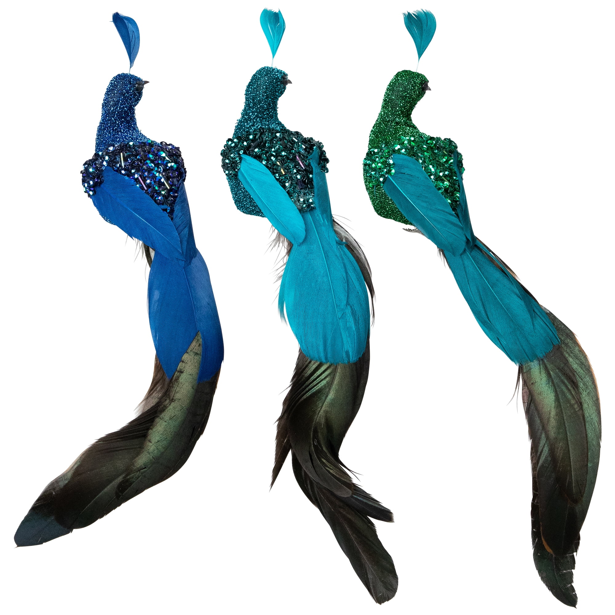 Sequin Peacock Clip-on Christmas Ornaments - 9" - Blue and Green - Set of 3