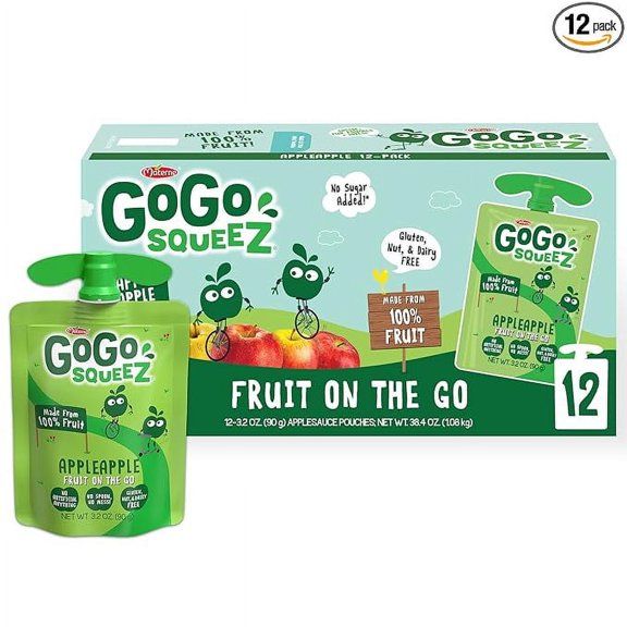 GoGo squeeZ Fruit on the Go, Apple Apple, 3.2 oz (Pack of 12), Unsweetened Fruit Snacks for Kids, Gluten Free, Nut Free and Dairy Free, Recloseable Cap, BPA Free Pouches