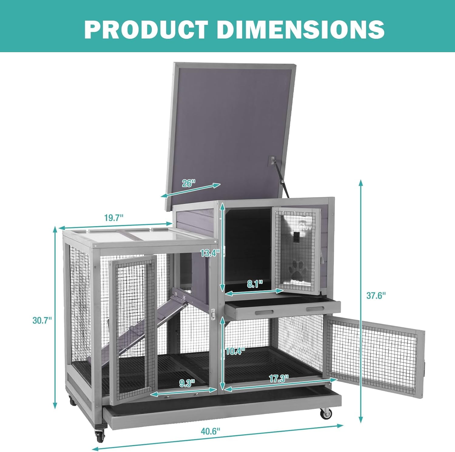 MEDEHOO 2-Story Rabbit Hutch Indoor Bunny Cage Outdoor Guinea Pig House with Wire Mesh Floor, Leak-Proof Trays, Lockable Wheels for Rabbits, Guinea Pigs, 40.6" L x 26" W x 37.6" H