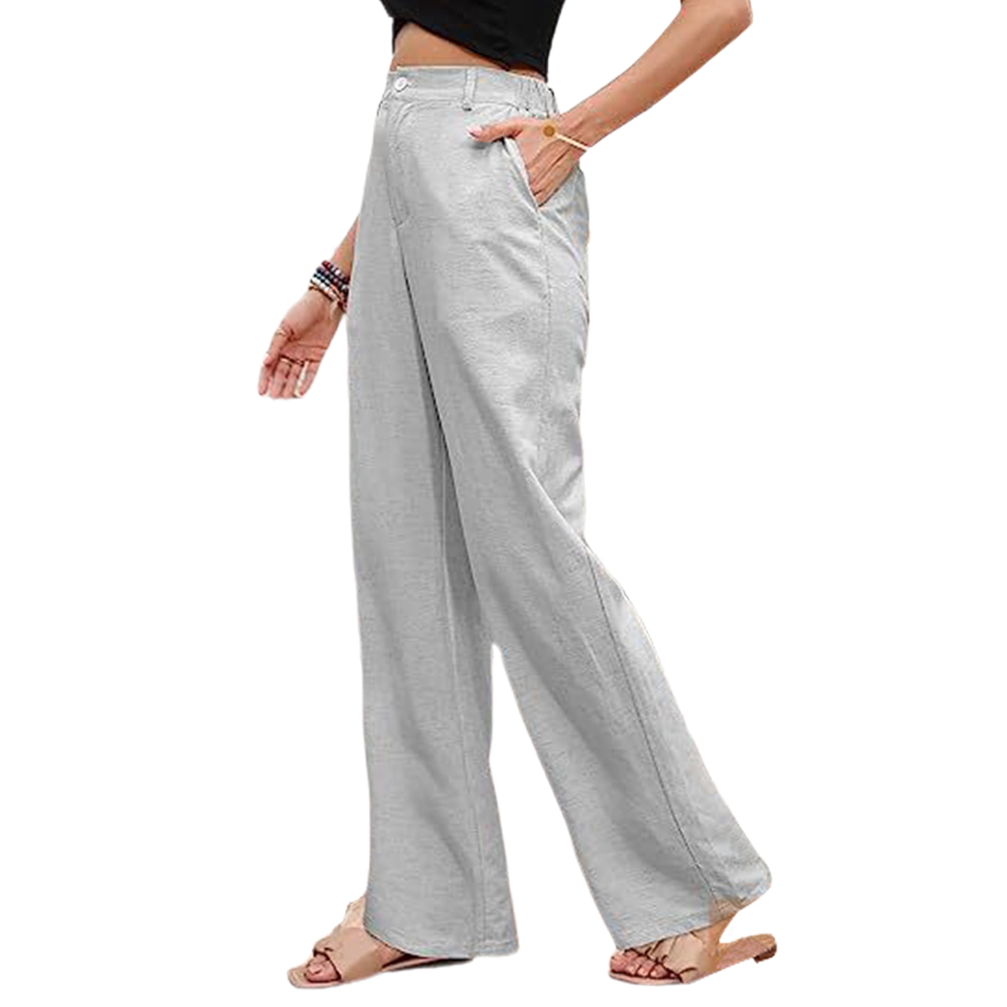 Innerwin Bottoms Wide Leg Women Pants Holiday High Waist Baggy Palazzo Pant Light Gray M