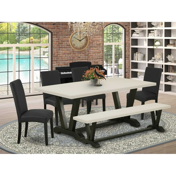 East West Furniture V627DR124-6 6-Pc Kitchen Dining Room Set- 4 Dining Chairs with Black Linen Fabric Seat and Stylish Chair Back - Rectangular Top & Wooden Legs Dining Table and Dining Room Bench...