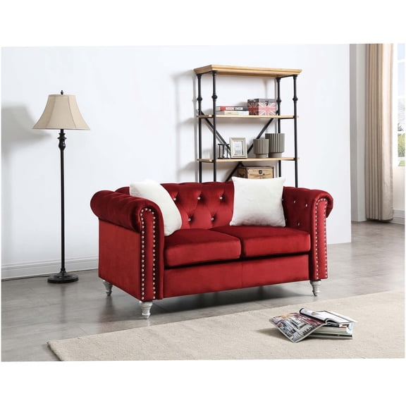 Burgundy Velvet Loveseat Sofa, Small Modern 2-Seater Couch with Round Arms for Living Room