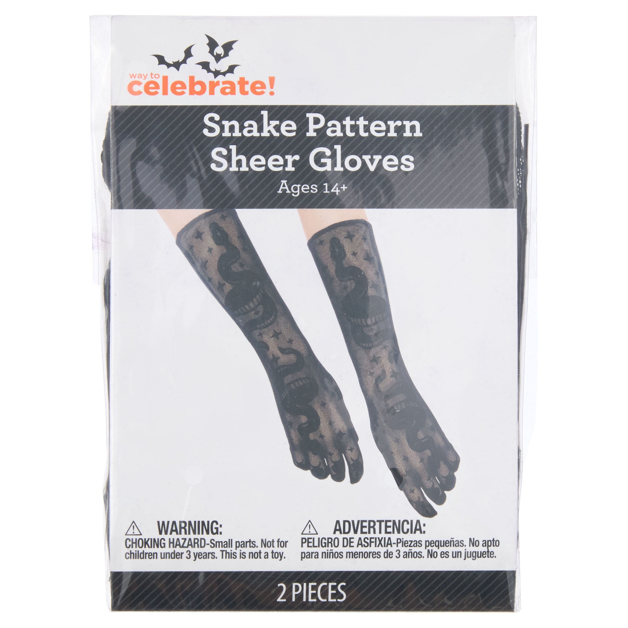 Snake Pattern Sheer Gloves Costume Accessory for Adults, Black, Halloween by Way To Celebrate