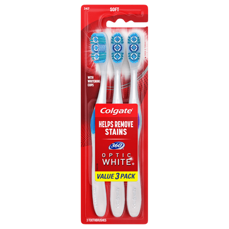 Colgate 360 Optic White Whitening Toothbrush, Soft, 3