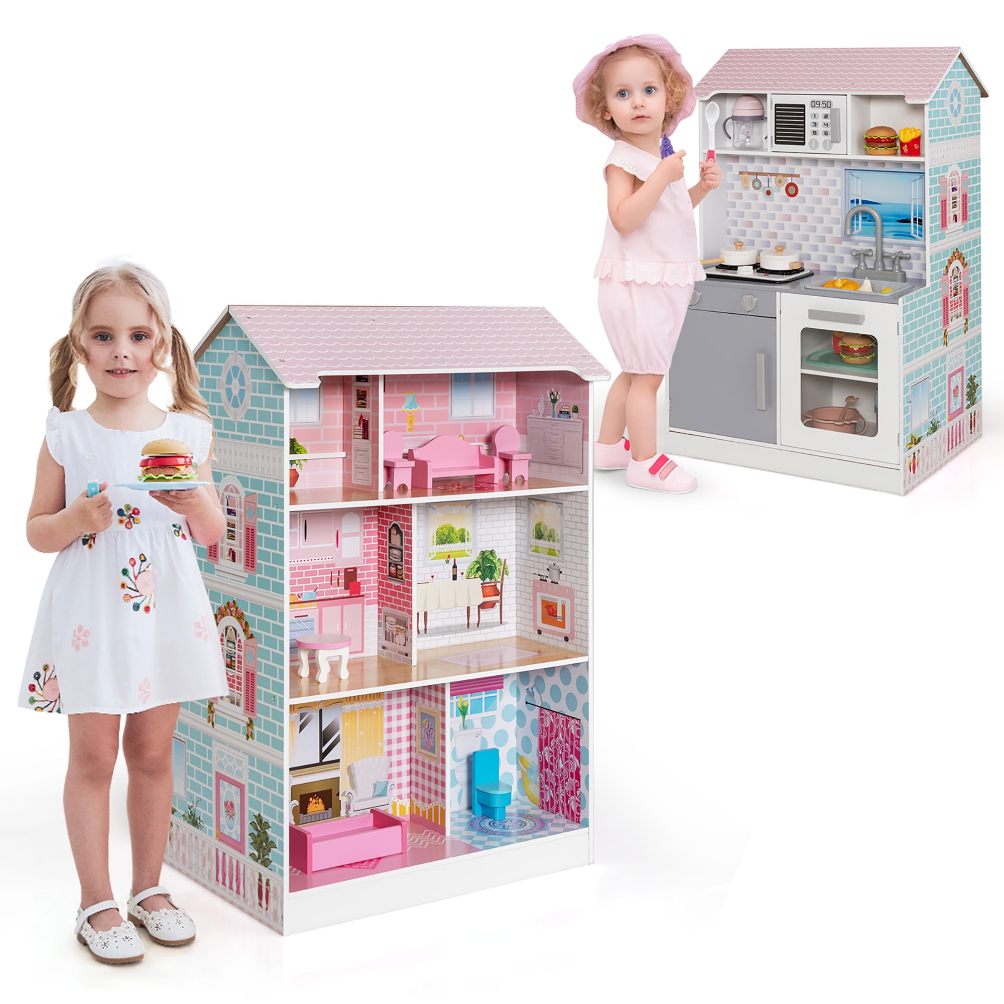 Costway 2-In-1 Double Sided Kids Kitchen Playset Dollhouse W/ Accessories  Furniture