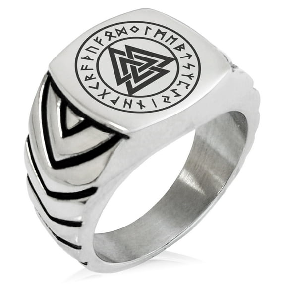Stainless Steel Norse Valknut Knot Viking Chevron Pattern Biker Style Polished Ring