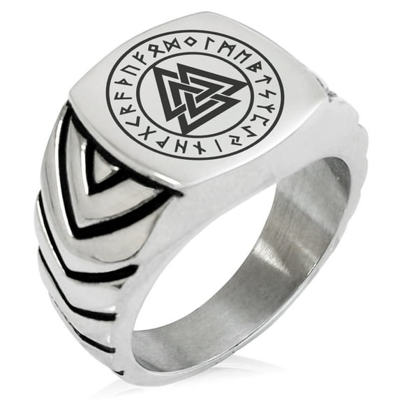Stainless Steel Norse Valknut Knot Viking Chevron Pattern Biker Style Polished Ring