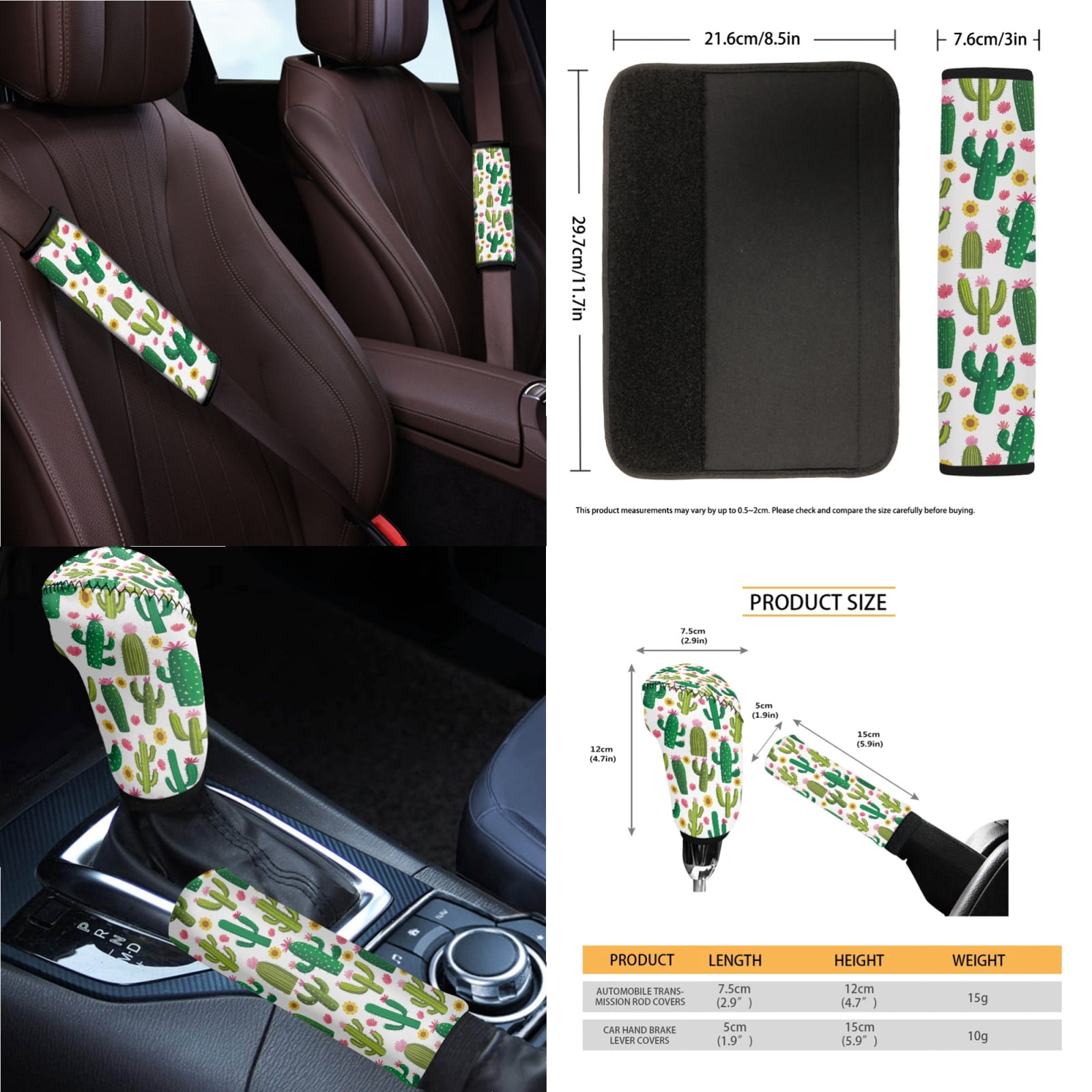 Jeiento Cactus Car Seat Cover for Women Men with Steering Wheel Cover Seatbelt Pads Handbrake Cover Gear Shift Knob Cover Trash Can Armrest Cover Rearview Mirror Cover Coasters 14pcs Auto Accessory