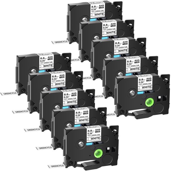 GREENCYCLE 10PK Compatible for Brother HS HSe HSe-221 HS-221 HSe221 HS221 Black on White Heat-shrink Label Tape 0.34'' x 4.92ft use in PT-E300 H300 E500 P750WVP Label Maker