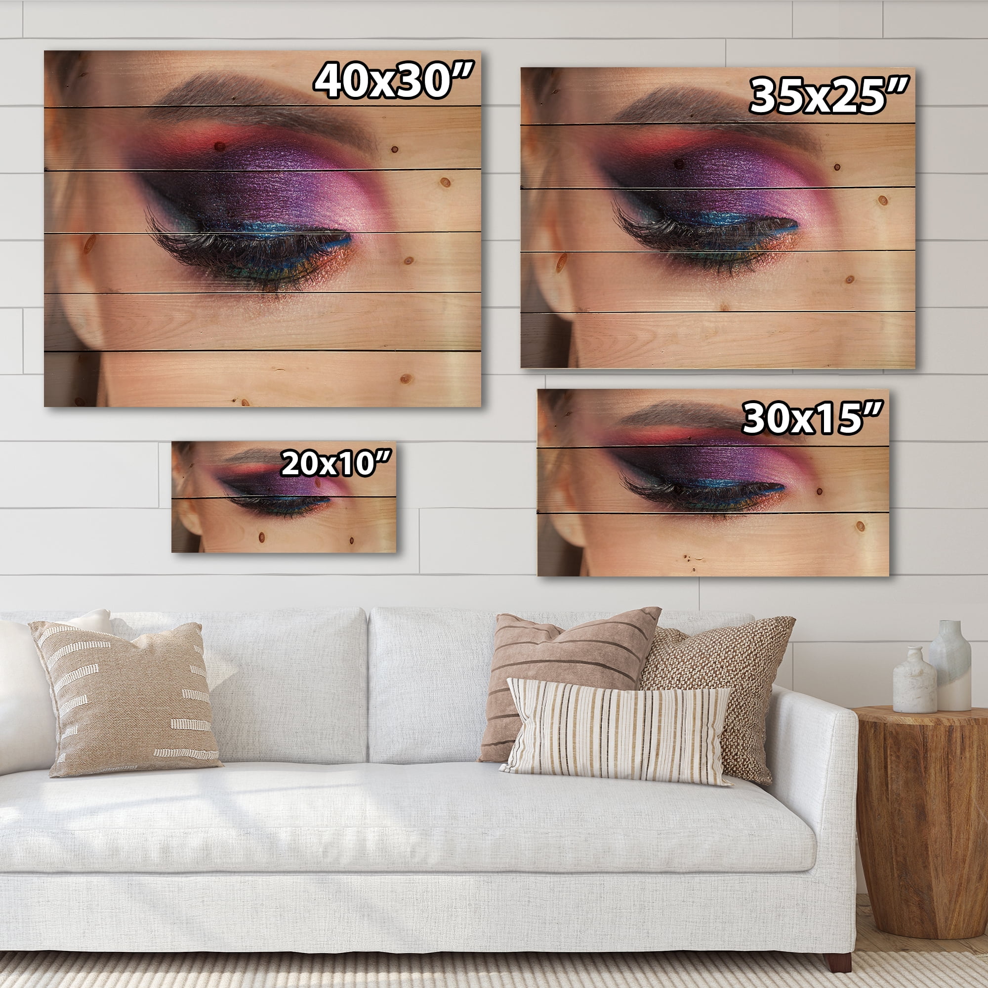 Designart 'Bright Eye Makeup In Luxurious Blue And Pink Shades' Modern Print on Natural Pine Wood