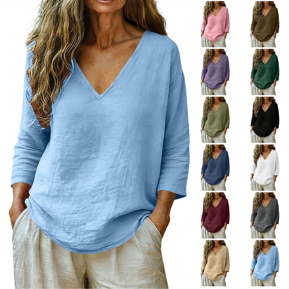 Tumotour Plus Size Summer Linen Shirts For Women'S Casual 3/4 Sleeve T-Shirt Short Sleeve V-Neck Athletic Workout Going Out Tops