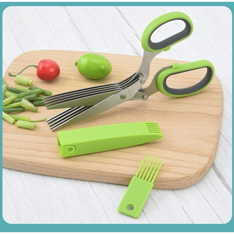 Herb Scissors, Multipurpose 5 Blade Kitchen Herb Shears Herb Cutter with  Safety Cover and Cleaning Comb for Chopping Basil Chive Parsley (Green) 