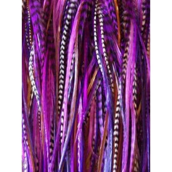 Purple, Violet, Brown & Grizzly Remix 6"-12" Feathers for Hair Extension Includes 2 Silicone Micro Beads and 5 Feathers