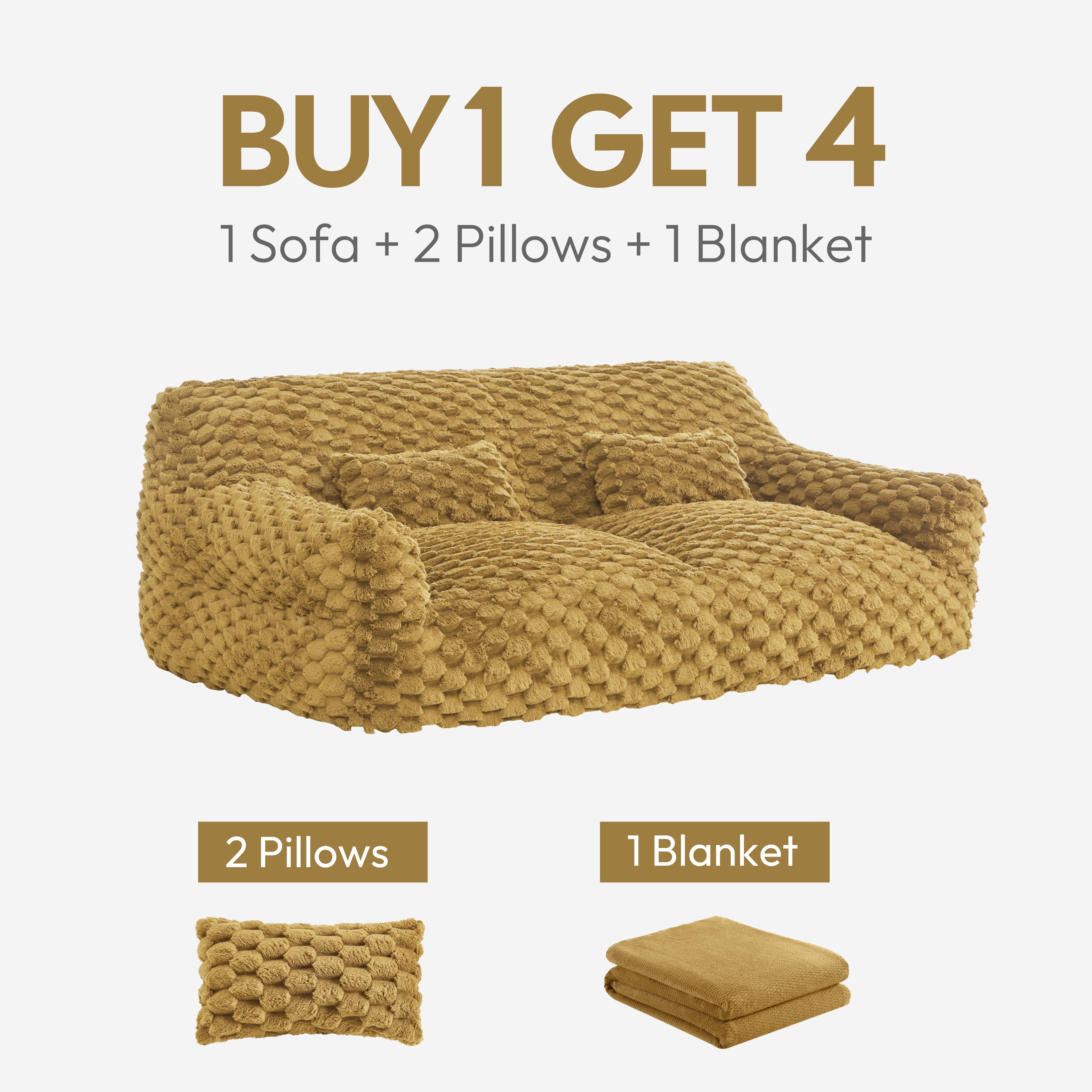 Spruce & Spring Ultra-Plush Fleece Lazy Sofa with Pillow & Blanket, Cozy Bean Bag Loveseat for Living Room & Bedroom,Golden Glow-Bubble Knit