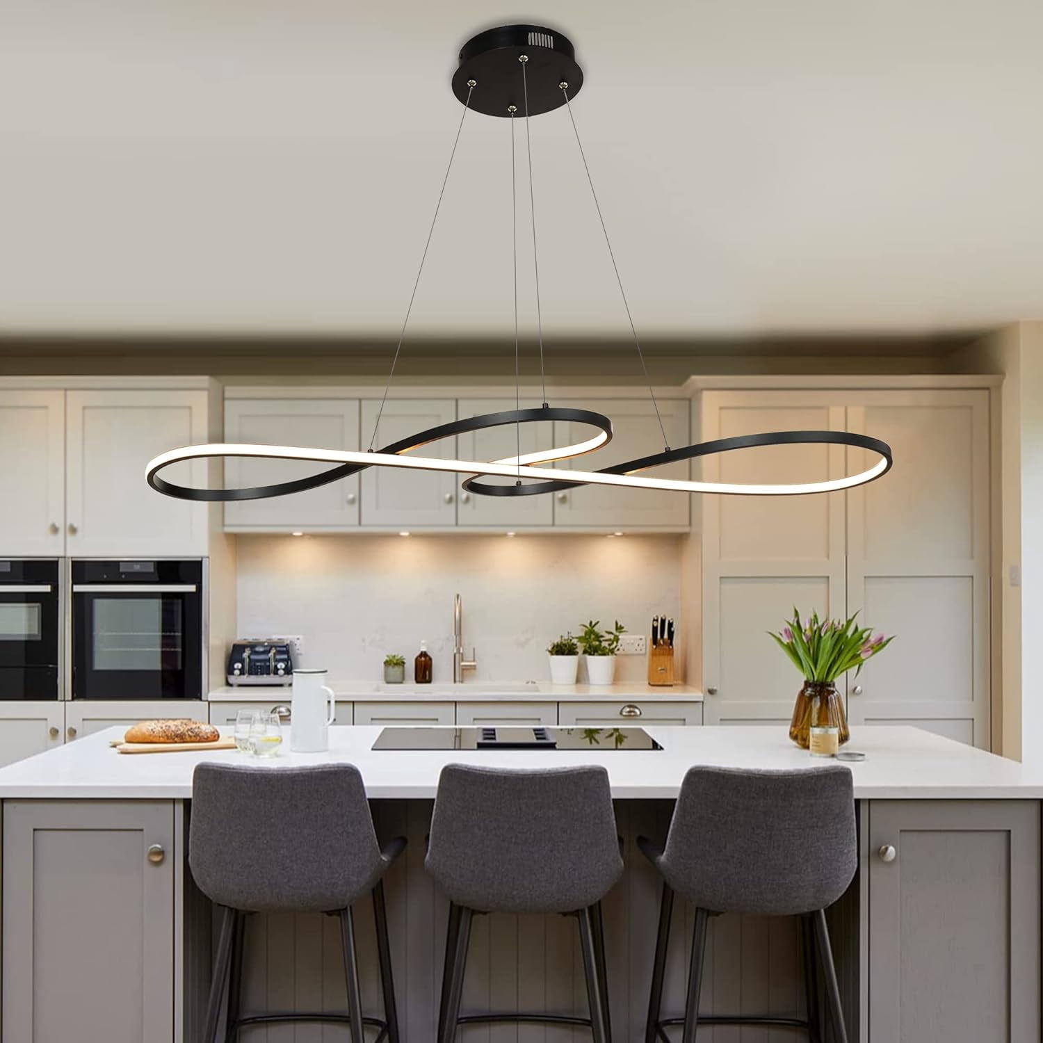 Pendant Light Modern Dimmable Chandelier Musical Note Black Contemporary Wave Hanging Lighting Fixture for Bedroom Kitchen Island Dining Room Living Room